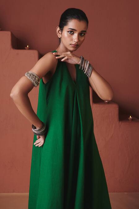 Saphed_Green Cotton, Linen V-neck Paan Flared Dress _Online_at_Aza_Fashions