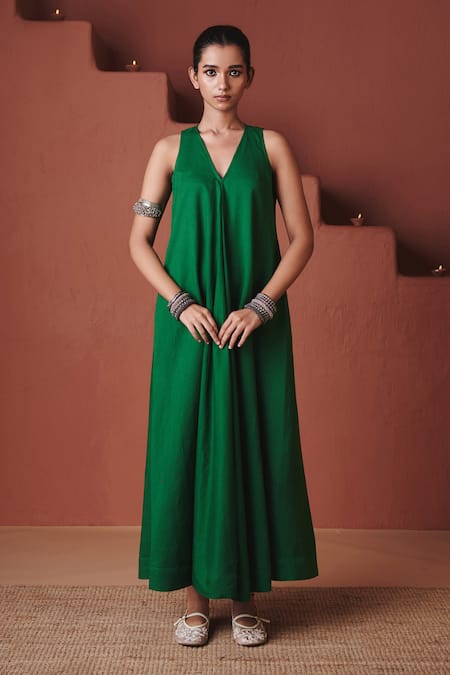 Saphed Paan Cotton Linen Flared Dress 