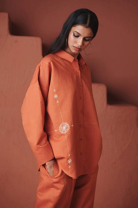 Saphed_Orange Cotton, Linen Embroidery Collared Marigold Oversized Shirt Set _Online_at_Aza_Fashions