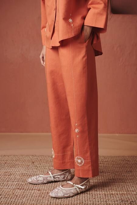 Saphed_Orange Cotton, Linen Embroidery Collared Marigold Oversized Shirt Set _at_Aza_Fashions