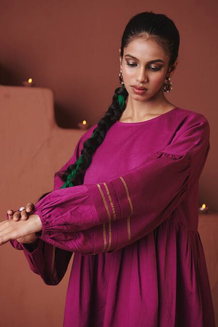 Saphed_Purple Cotton, Linen Gota Patti, Embroidery Round Neck Orchid Sack Dress _Online_at_Aza_Fashions