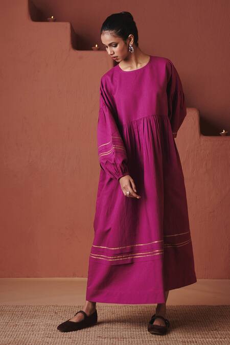 Buy_Saphed_Purple Cotton, Linen Gota Patti, Embroidery Round Neck Orchid Sack Dress _Online_at_Aza_Fashions
