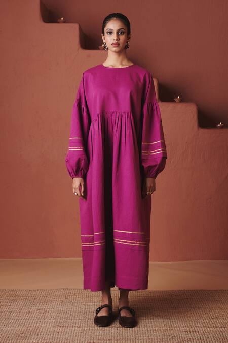 Shop_Saphed_Purple Cotton, Linen Gota Patti, Embroidery Round Neck Orchid Sack Dress _Online_at_Aza_Fashions