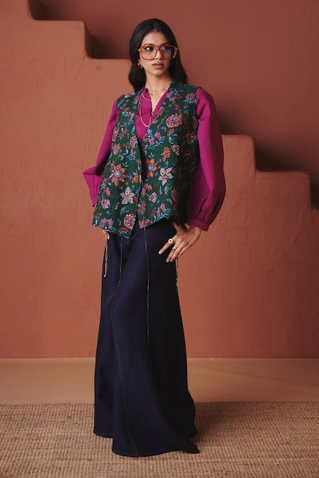 Buy_Saphed_Magenta Cotton, Linen Split V-neck Orchid Billow Top With Neel Denim Pant _Online_at_Aza_Fashions