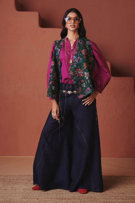 Shop_Saphed_Magenta Cotton, Linen Split V-neck Orchid Billow Top With Neel Denim Pant _Online_at_Aza_Fashions