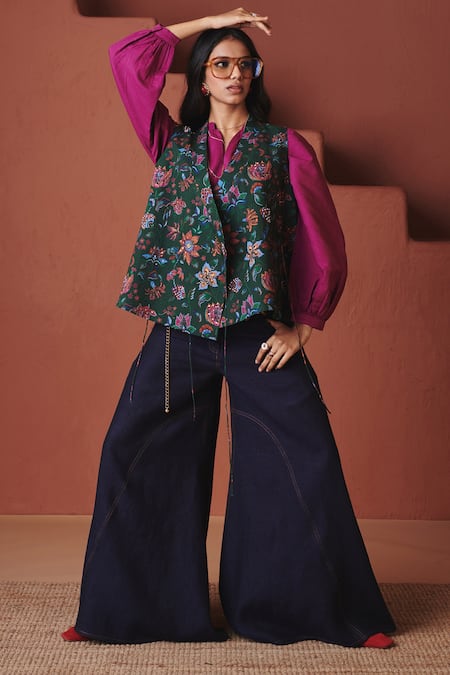 Buy_Saphed_Magenta Cotton, Linen Split V-neck Orchid Billow Top With Neel Denim Pant 