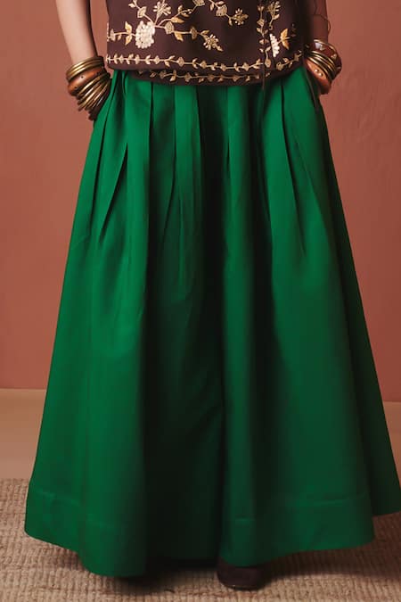 Buy_Saphed_Green Cotton, Linen Paan Multi-pleated _Online_at_Aza_Fashions