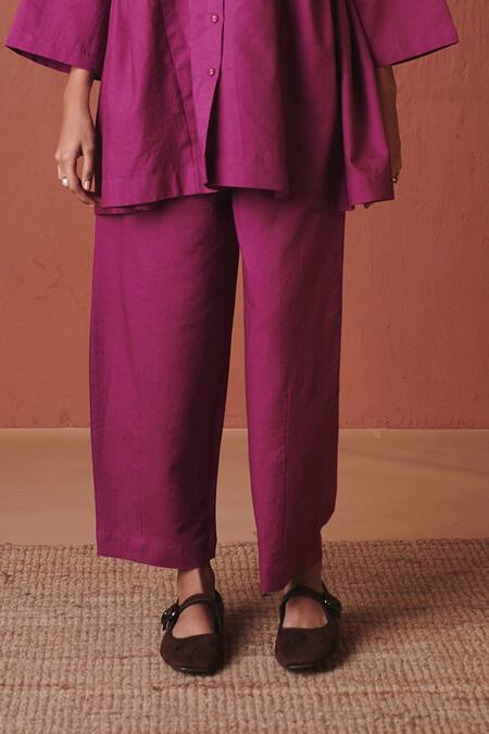 Buy_Saphed_Magenta Cotton, Linen Embroidery Mandarin Collar Orchid Gathered Shirt Set _Online_at_Aza_Fashions