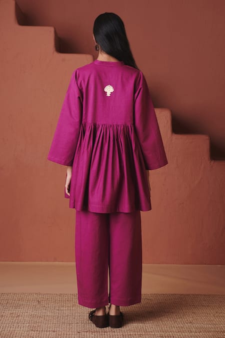 Saphed Orchid Cotton Linen Gathered Shirt Set 