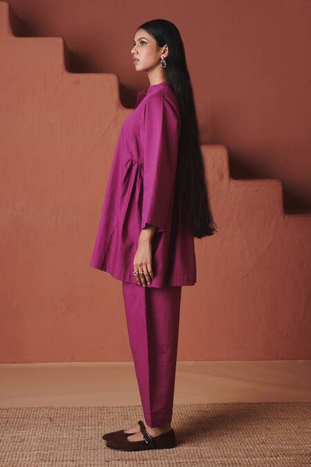 Shop_Saphed_Magenta Cotton, Linen Embroidery Mandarin Collar Orchid Gathered Shirt Set _Online_at_Aza_Fashions