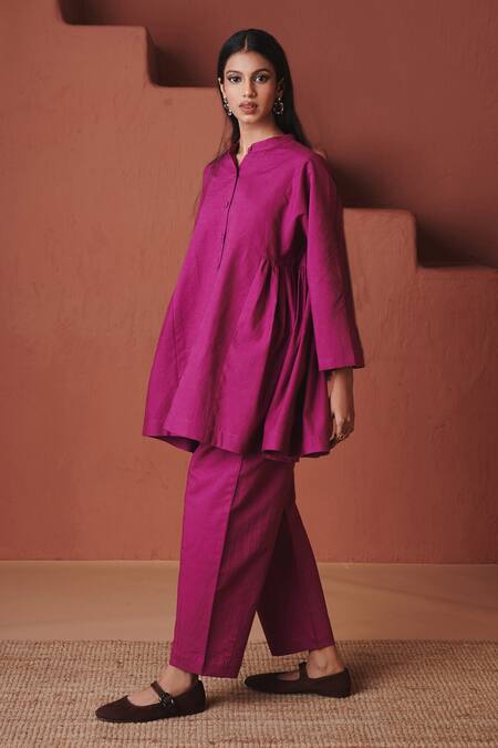 Saphed_Magenta Cotton, Linen Embroidery Mandarin Collar Orchid Gathered Shirt Set _at_Aza_Fashions