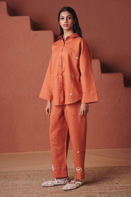 Shop_Saphed_Orange Cotton, Linen Zari, Embroidery Collared Marigold Oversized Shirt _Online_at_Aza_Fashions