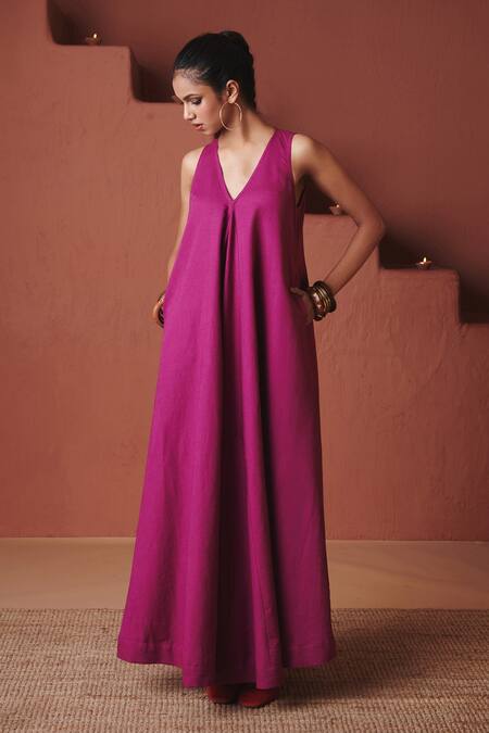 Buy_Saphed_Magenta Cotton, Linen V-neck Orchid Flared Dress _Online_at_Aza_Fashions