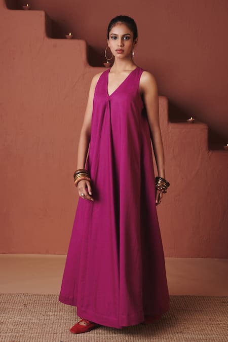 Shop_Saphed_Magenta Cotton, Linen V-neck Orchid Flared Dress _Online_at_Aza_Fashions