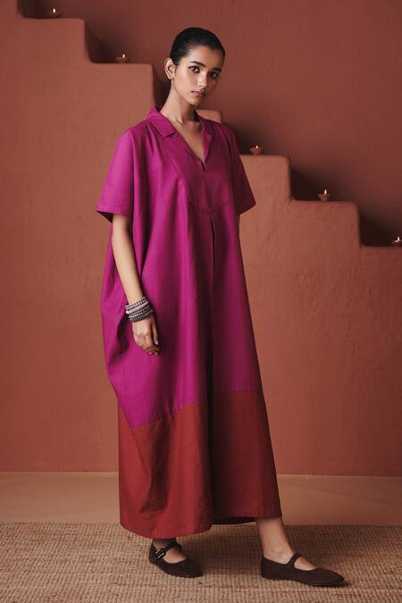 Shop_Saphed_Magenta Cotton, Linen Collared, V-neck Orchid Kaftan Dress _Online_at_Aza_Fashions