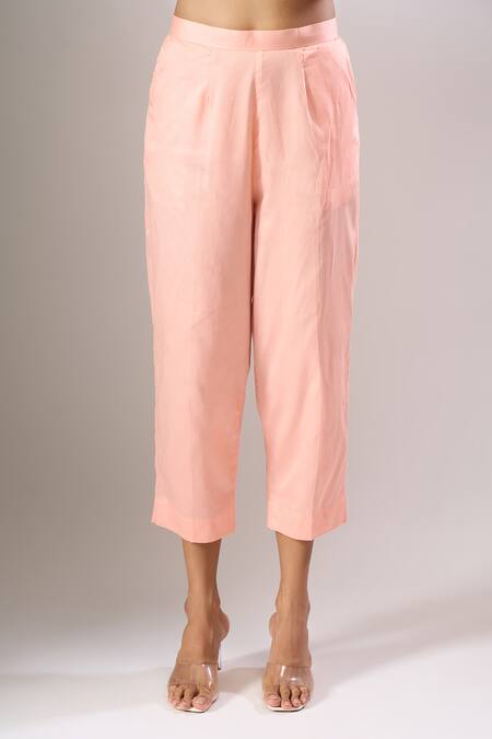 Buy_Naintara Bajaj_Peach Cotton Cut Work Collared Hakoba A-line Kurti And Straight Pant Set _Online_at_Aza_Fashions