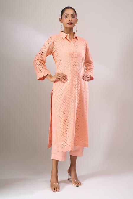 Shop_Naintara Bajaj_Peach Cotton Cut Work Collared Hakoba A-line Kurti And Straight Pant Set _Online_at_Aza_Fashions