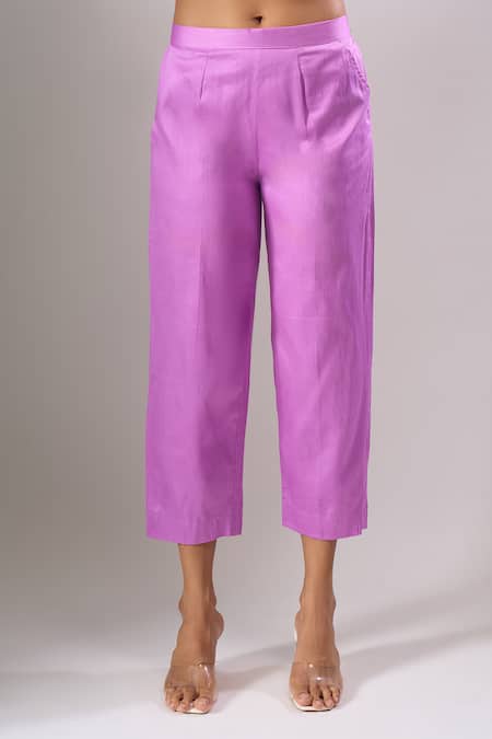 Naintara Bajaj Lavender Cotton Embroidery Collared Hakoba A-line Kurti And Straight Pant Set Online at Aza Fashions Naintara Bajaj_Lavender Cotton Embroidery Collared Hakoba A-line Kurti And Straight Pant Set _Online_at_Aza_Fashions