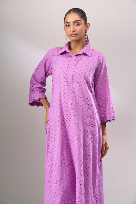 Buy Naintara Bajaj Lavender Cotton Embroidery Collared Hakoba A-line Kurti And Straight Pant Set Online at Aza Fashions Buy_Naintara Bajaj_Lavender Cotton Embroidery Collared Hakoba A-line Kurti And Straight Pant Set _Online_at_Aza_Fashions