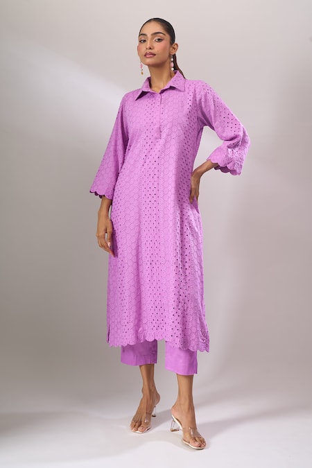 Shop Naintara Bajaj Lavender Cotton Embroidery Collared Hakoba A-line Kurti And Straight Pant Set Online at Aza Fashions Shop_Naintara Bajaj_Lavender Cotton Embroidery Collared Hakoba A-line Kurti And Straight Pant Set _Online_at_Aza_Fashions