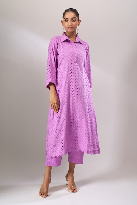 Naintara Bajaj Lavender Cotton Embroidery Collared Hakoba A-line Kurti And Straight Pant Set at Aza Fashions Naintara Bajaj_Lavender Cotton Embroidery Collared Hakoba A-line Kurti And Straight Pant Set _at_Aza_Fashions