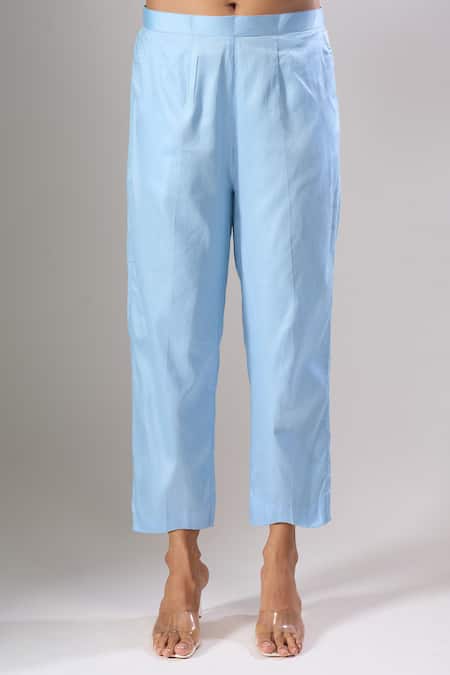 Naintara Bajaj_Sky Blue Cotton Cut Work Collared Hakoba A-line Kurti And Straight Pant Set _Online_at_Aza_Fashions