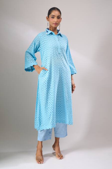 Shop_Naintara Bajaj_Sky Blue Cotton Cut Work Collared Hakoba A-line Kurti And Straight Pant Set _Online_at_Aza_Fashions