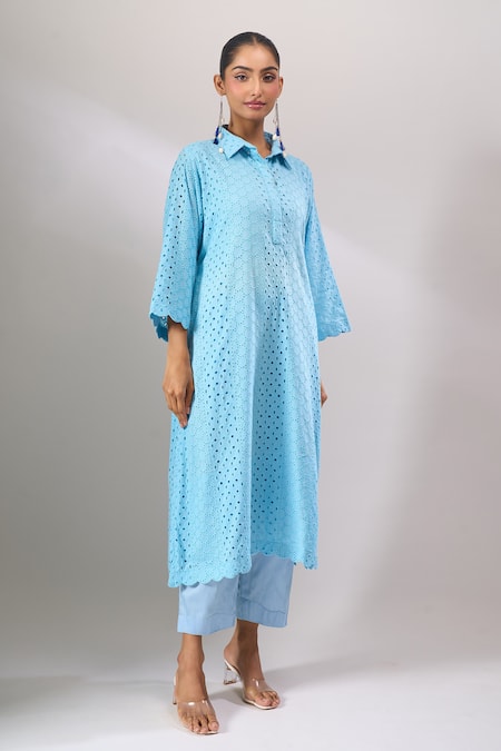 Naintara Bajaj_Sky Blue Cotton Cut Work Collared Hakoba A-line Kurti And Straight Pant Set _at_Aza_Fashions