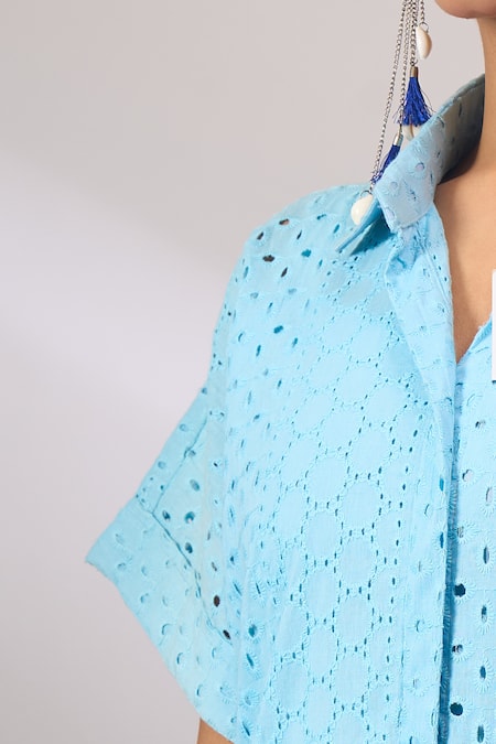 Naintara Bajaj_Sky Blue Cotton Cut Work Collared Hakoba Co-ord Set With Inner _Online_at_Aza_Fashions