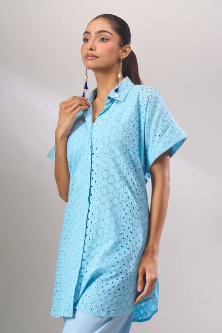 Shop_Naintara Bajaj_Sky Blue Cotton Cut Work Collared Hakoba Co-ord Set With Inner _Online_at_Aza_Fashions