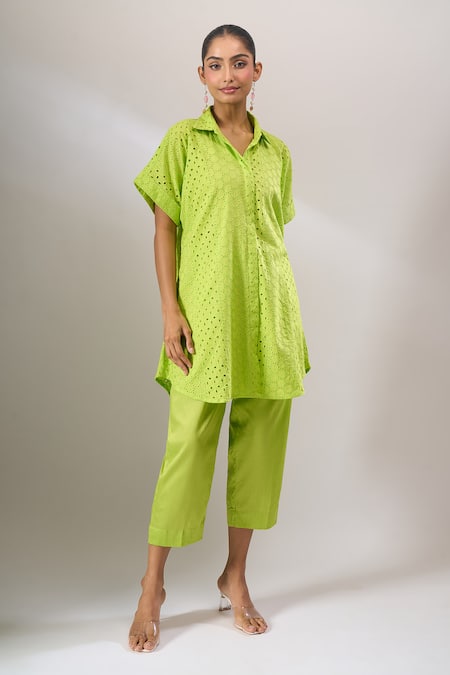 Naintara Bajaj Lime Cotton Cut Work Collared Hakoba Co-ord Tunic And Pant Set With Slip