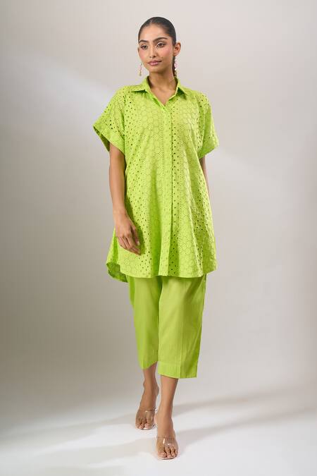 Naintara Bajaj Lime Cotton Cut Work Collared Hakoba Co-ord Tunic And Pant Set With Slip Online at Aza Fashions Naintara Bajaj_Lime Cotton Cut Work Collared Hakoba Co-ord Tunic And Pant Set With Slip _Online_at_Aza_Fashions