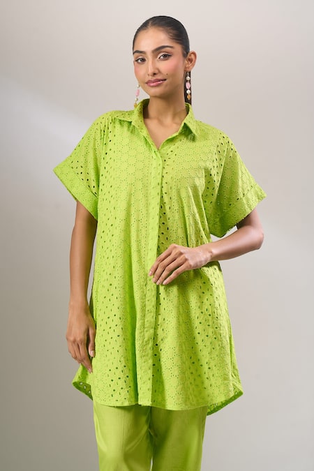 Buy Naintara Bajaj Lime Cotton Cut Work Collared Hakoba Co-ord Tunic And Pant Set With Slip Online at Aza Fashions Buy_Naintara Bajaj_Lime Cotton Cut Work Collared Hakoba Co-ord Tunic And Pant Set With Slip _Online_at_Aza_Fashions