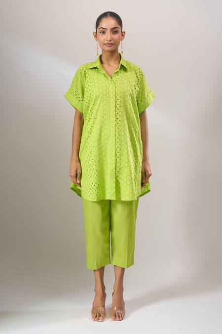 Naintara Bajaj Lime Cotton Cut Work Collared Hakoba Co-ord Tunic And Pant Set With Slip at Aza Fashions Naintara Bajaj_Lime Cotton Cut Work Collared Hakoba Co-ord Tunic And Pant Set With Slip _at_Aza_Fashions