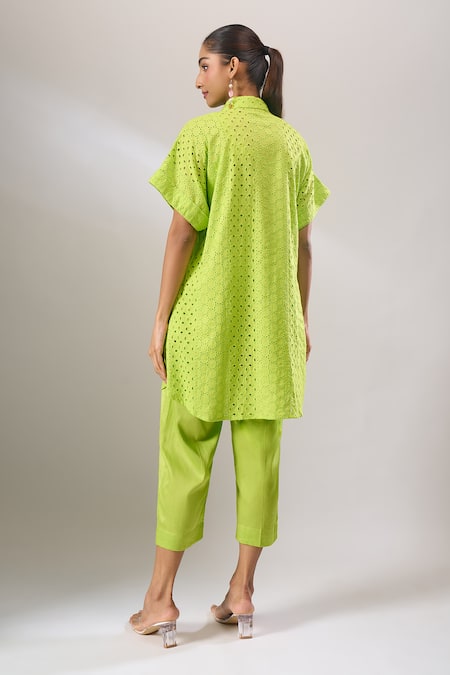 Shop Naintara Bajaj Lime Cotton Cut Work Collared Hakoba Co-ord Tunic And Pant Set With Slip at Aza Fashions Shop_Naintara Bajaj_Lime Cotton Cut Work Collared Hakoba Co-ord Tunic And Pant Set With Slip _at_Aza_Fashions