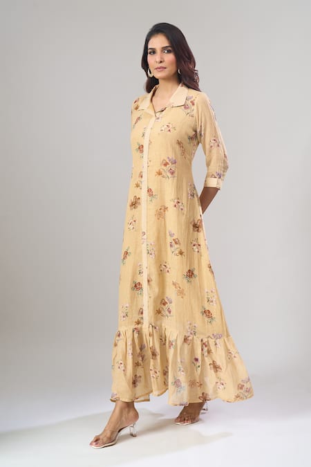 Buy_Naintara Bajaj_Yellow Cotton, Linen Collared Floral Print Maxi Dress _Online_at_Aza_Fashions