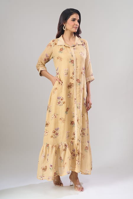 Shop_Naintara Bajaj_Yellow Cotton, Linen Collared Floral Print Maxi Dress _Online_at_Aza_Fashions