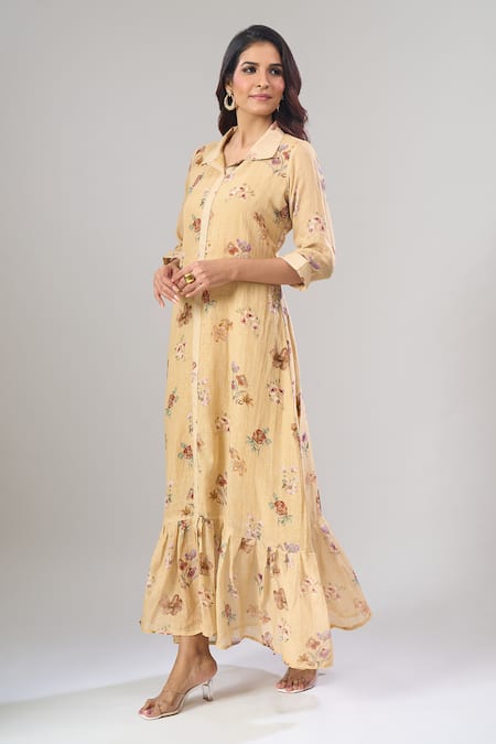 Naintara Bajaj_Yellow Cotton, Linen Collared Floral Print Maxi Dress _at_Aza_Fashions