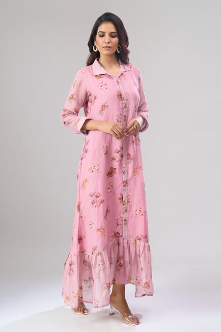 Naintara Bajaj_Pink Cotton, Linen Collared Floral Print Button-down Frill Dress _Online_at_Aza_Fashions