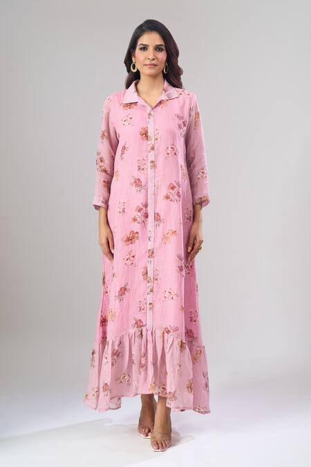 Buy_Naintara Bajaj_Pink Cotton, Linen Collared Floral Print Button-down Frill Dress _Online_at_Aza_Fashions