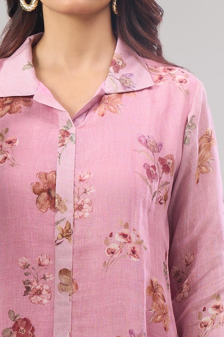 Shop_Naintara Bajaj_Pink Cotton, Linen Collared Floral Print Button-down Frill Dress _Online_at_Aza_Fashions