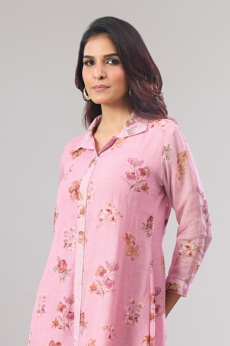 Naintara Bajaj_Pink Cotton, Linen Collared Floral Print Button-down Frill Dress _at_Aza_Fashions
