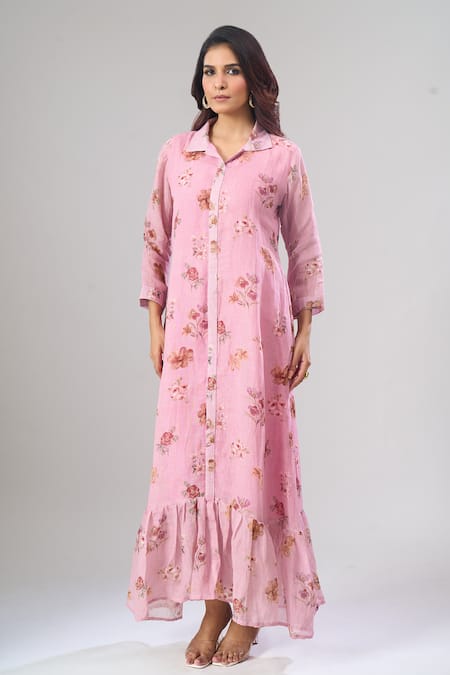 Naintara Bajaj Floral Print Button-Down Frill Dress 