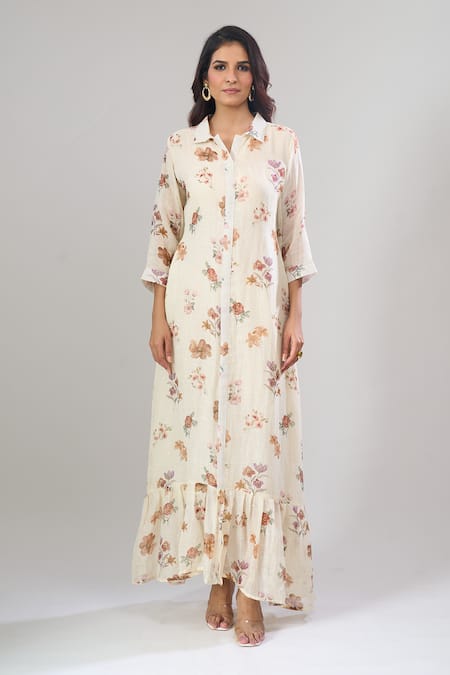 Naintara Bajaj_Off White Cotton, Linen Collared Floral Printed Maxi Dress _Online_at_Aza_Fashions