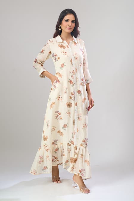 Buy_Naintara Bajaj_Off White Cotton, Linen Collared Floral Printed Maxi Dress _Online_at_Aza_Fashions