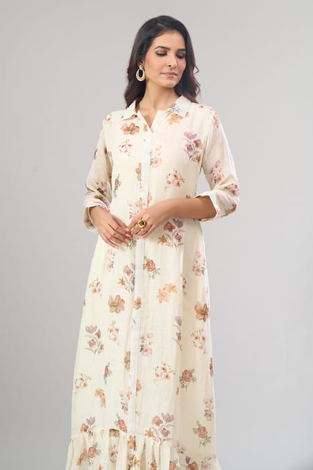 Shop_Naintara Bajaj_Off White Cotton, Linen Collared Floral Printed Maxi Dress _Online_at_Aza_Fashions