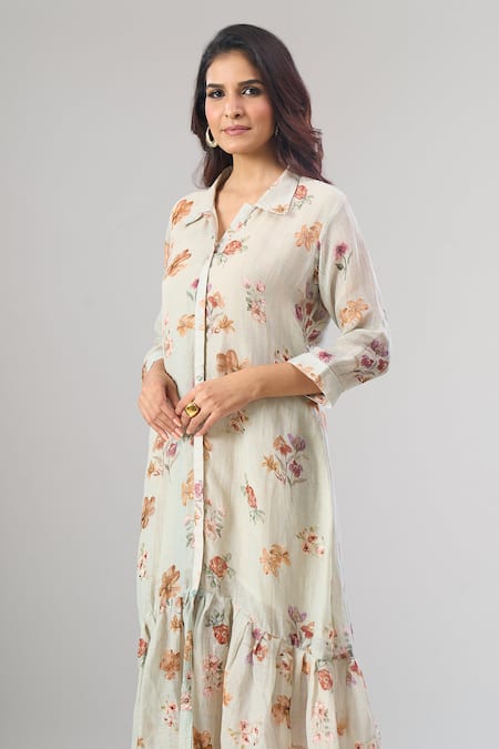 Naintara Bajaj_Gray Cotton, Linen Collared Floral Print Frill Hem Dress _Online_at_Aza_Fashions