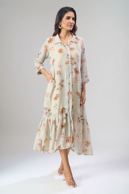 Shop_Naintara Bajaj_Gray Cotton, Linen Collared Floral Print Frill Hem Dress _Online_at_Aza_Fashions