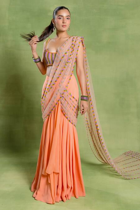 Buy_Tuhina Srivastava_Peach Georgette, Tulle, Silk, Velvet Embroidery Mermaid Saree And Blouse Set _Online_at_Aza_Fashions