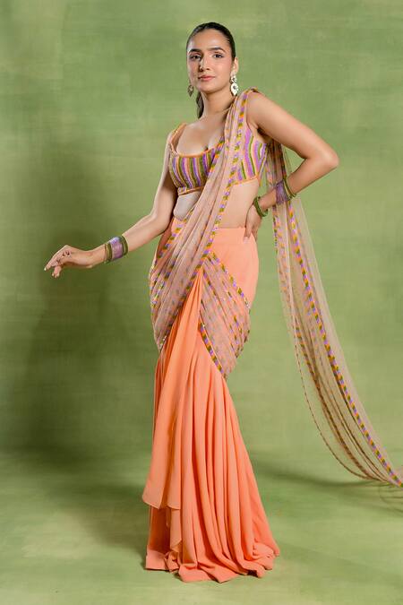 Shop_Tuhina Srivastava_Peach Georgette, Tulle, Silk, Velvet Embroidery Mermaid Saree And Blouse Set _Online_at_Aza_Fashions